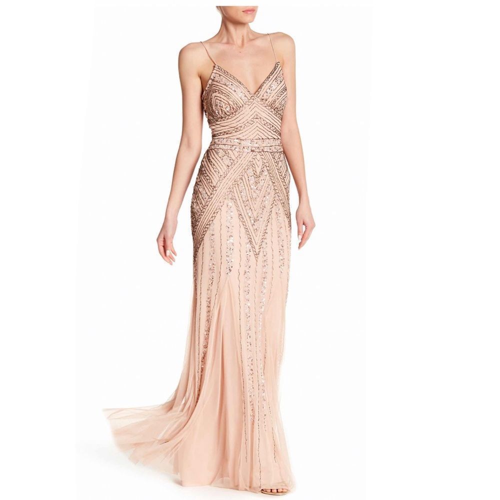 Marina Blush Beaded Spaghetti-Strap Evening Gown